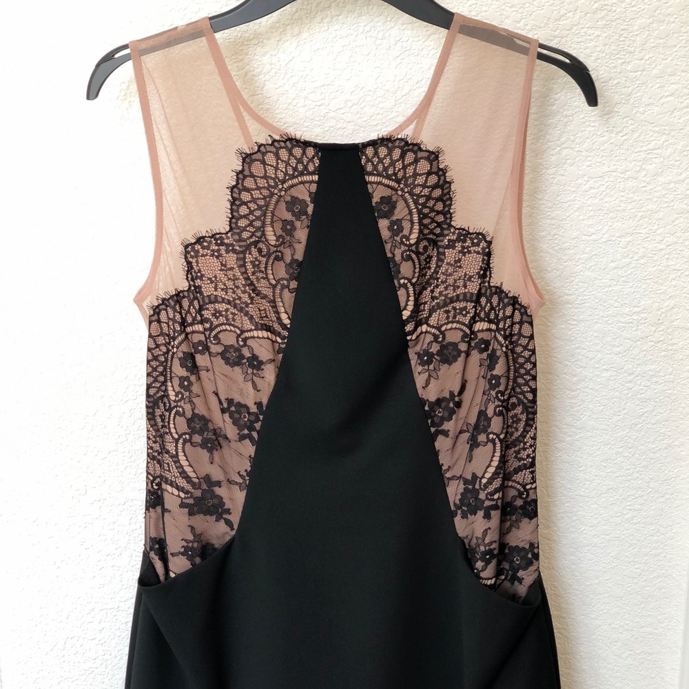 BCBG black lace and illusion neckline midi dress